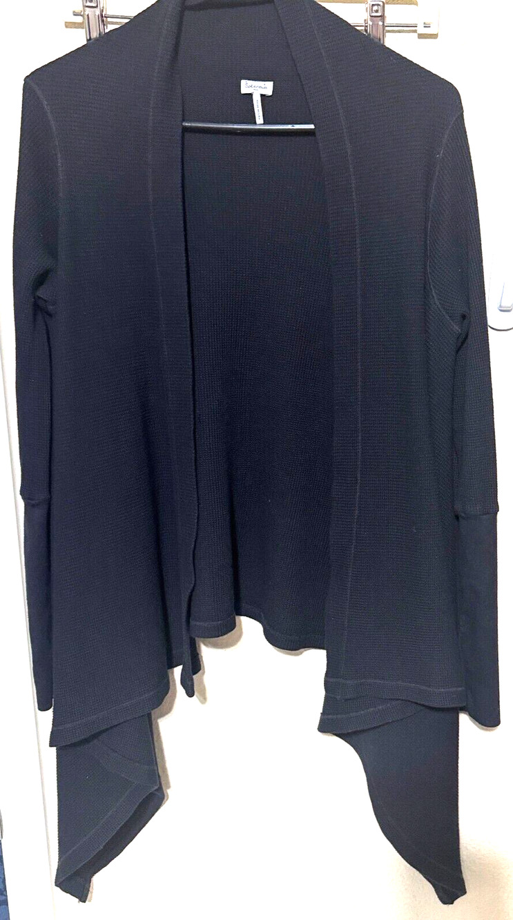 Splendid Black Cardigan Sweater waffle knit waterfall Supima Modal sz M/L